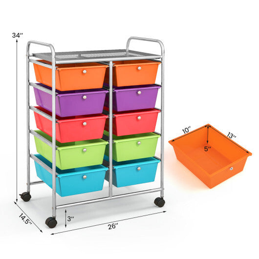 Costway 10-Drawer Rolling Storage Cart-Deep Multicolor