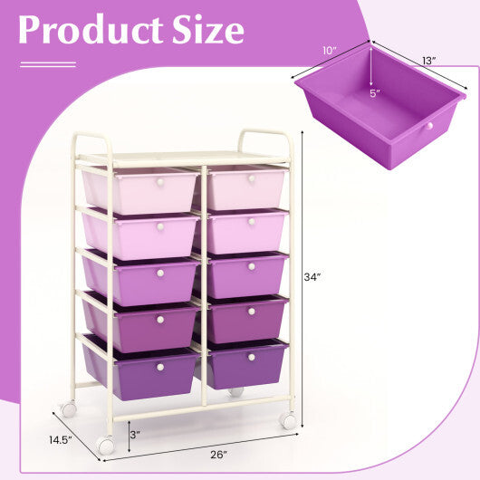 Costway 10-Drawer Rolling Storage Cart-Purple