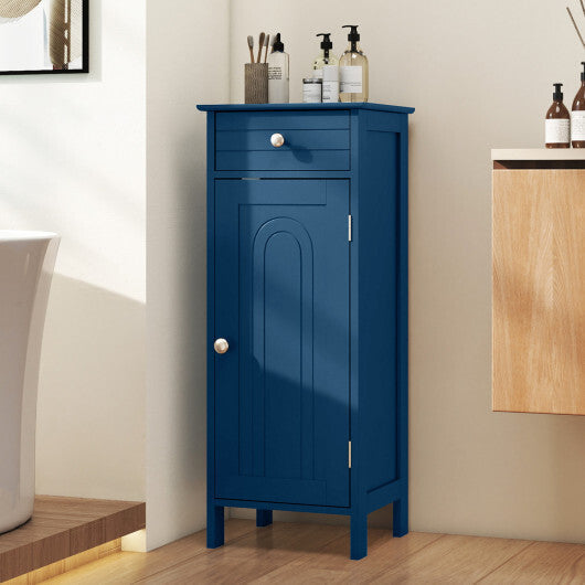 Costway Wooden Storage Free-Standing Floor Cabinet with Drawer and Shelf-Blue