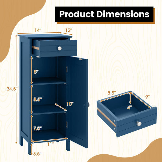 Costway Wooden Storage Free-Standing Floor Cabinet with Drawer and Shelf-Blue