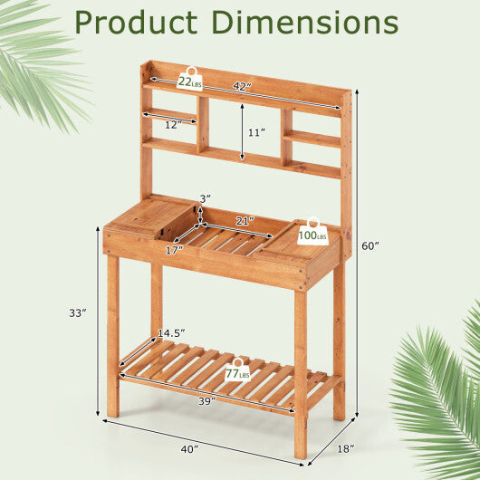 Potting Bench Table with Flip-up Tabletop Storage Shelves for Patio Porch Balcony Brown