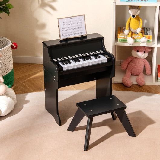 Costway 25 Keys Kids Piano Keyboard with Stool Mini Digital Piano Wooden Toy with Adjustable Speed and Volume-Black
