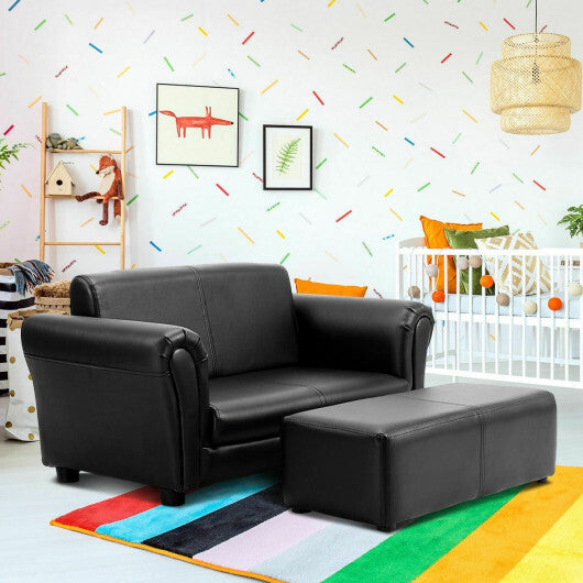 Costway Black/White Kids Double Sofa with Ottoman-Black