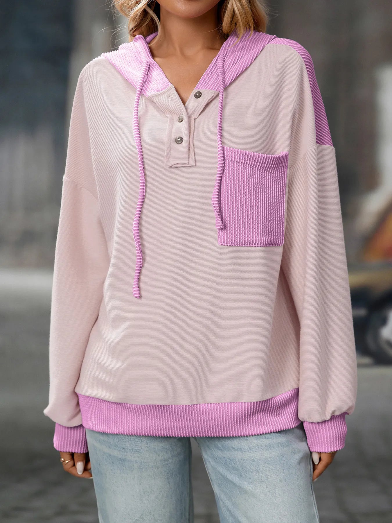 Drawstring Button Detail Long Sleeve Hoodie