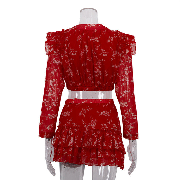 Round Neck Long-sleeved Cropped Top And Printed Skirt Two-piece Set