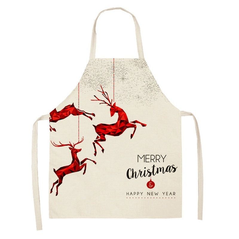 Christmas Deer Art Pattern Female Cleaning Home Cooking Kitchen Apron Chef Ear Cotton Linen