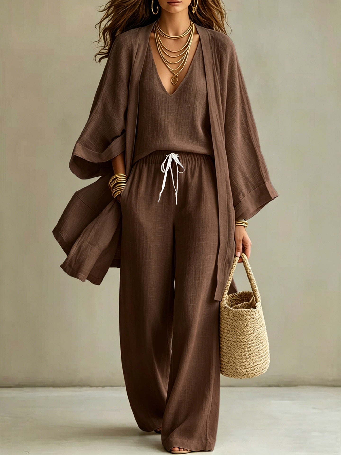 Womens Casual Three-piece Set Nine-quarter-sleeve Cardigan Sleeveless Vest And Long Pants