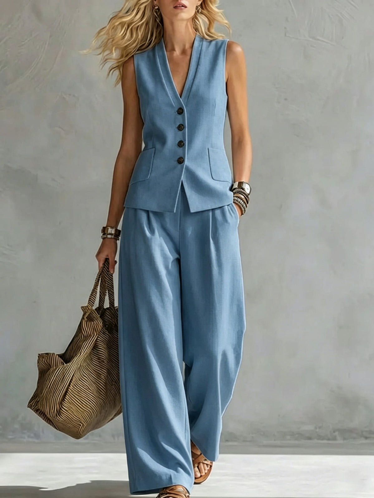 Two-piece V-Neck Sleeveless Vest And Wide Leg Pants For Women Summer Solid-Colored Sleeveless Casual Linen Tank Top And Pants Set