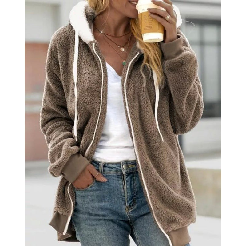 2026 Amazon Hot Selling New Autumn And Winter Loose Plush Zipper Hooded Jacket For Women, Fashionable And Versatile
