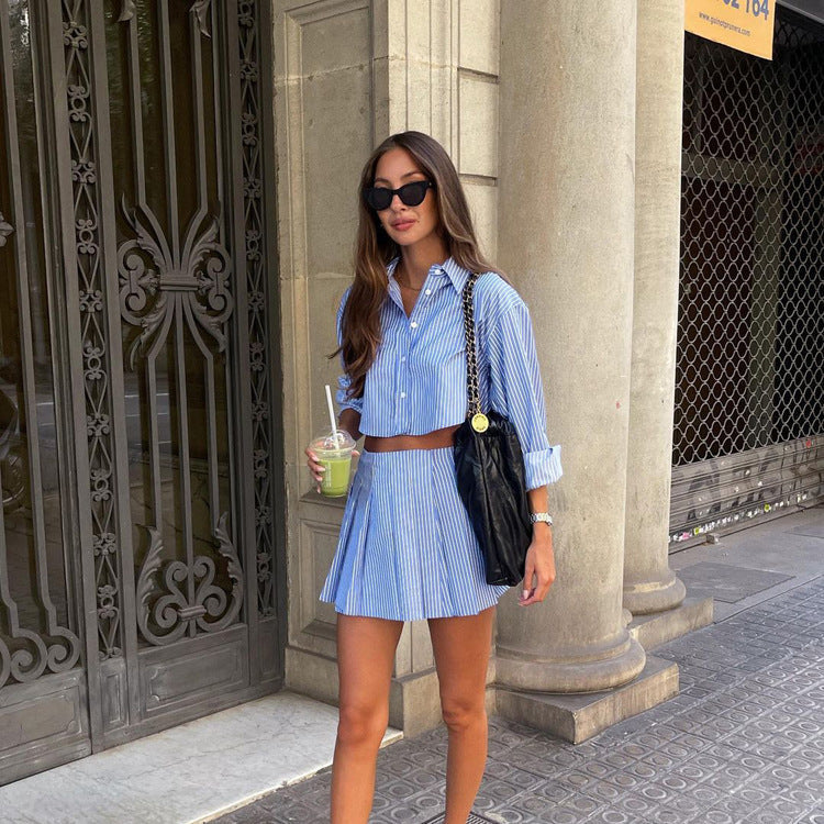 Fashionable Striped Collared Long-sleeved Shirt And Skirt Set