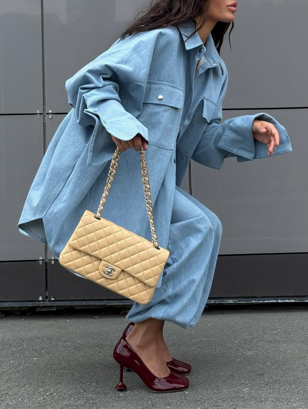 Light Blue Denim Oversized Shirt And Baggy Pants Set