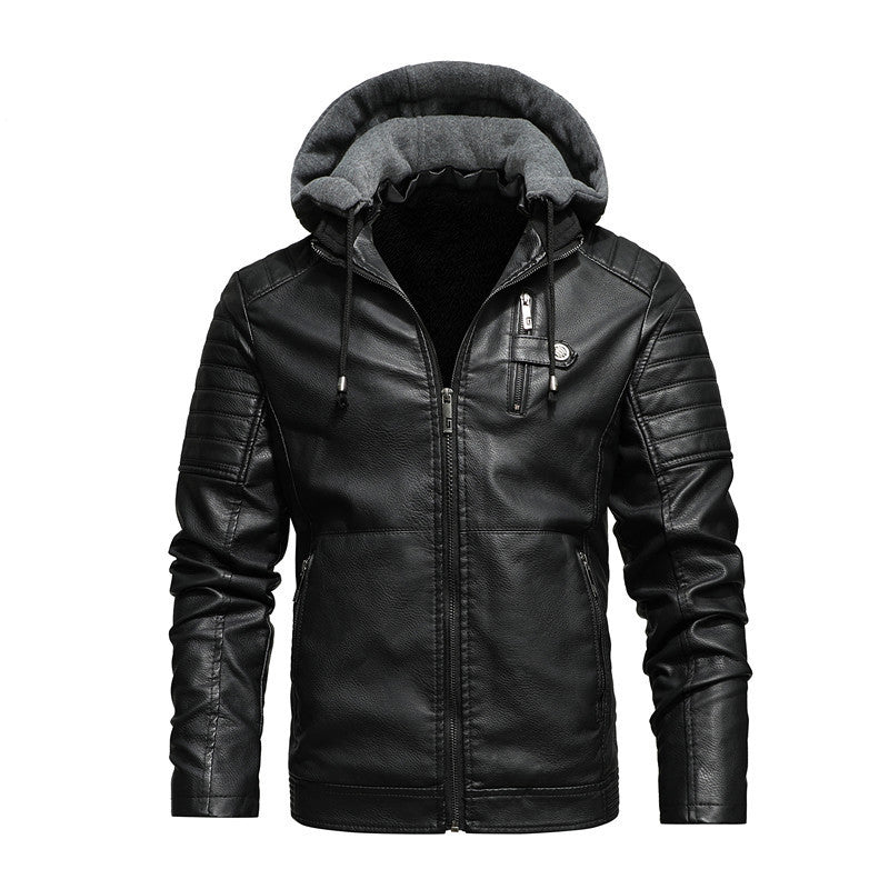 2026 Autumn And Winter New Men's Leather Jacket, Youth Men's Coat, Fleece-Lined Hooded Leather Jacket, Men's Jacket, Factory Ready Stock