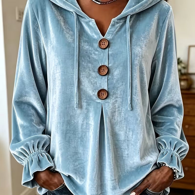Annuo  2026 Women Casual Button Drawstring Hoodie, European American Style Long Sleeve Top