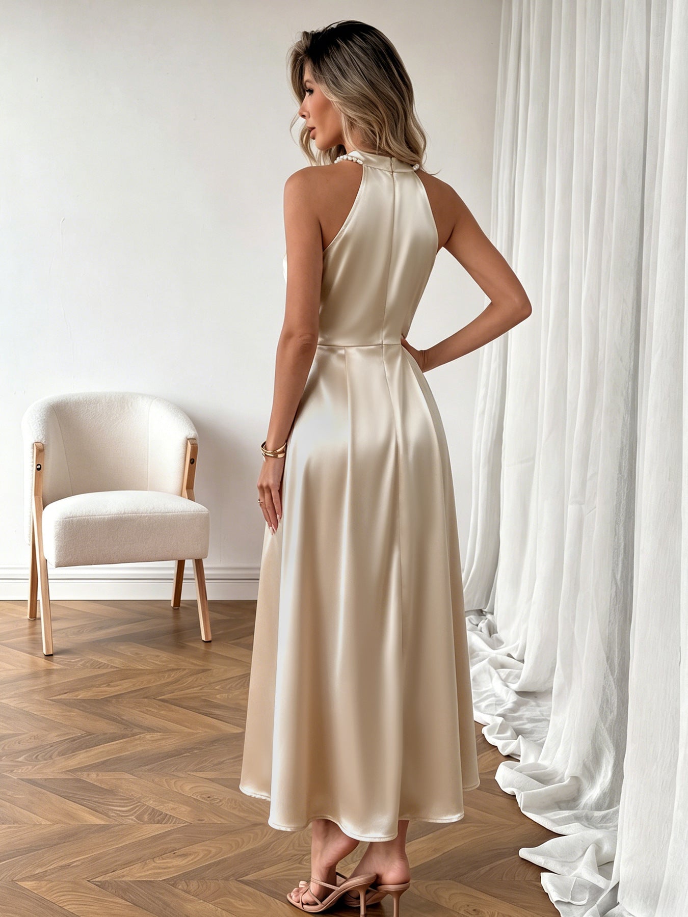 Pearl Halter High Waist Flowy Midi Dress