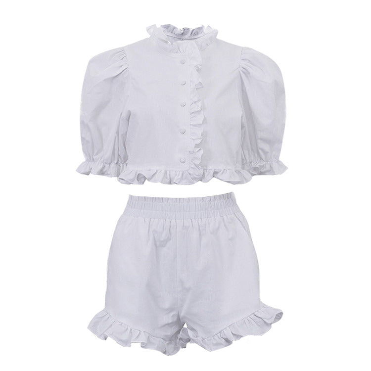 White Ruffled Linen-Blend Two-Piece Co-ord Set