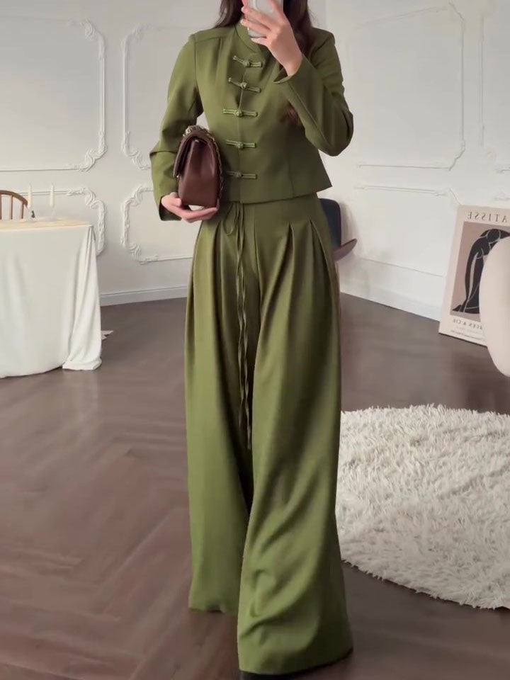 Mandarin Collar Knot Crop Top & Drawstring Wide Leg Pants 2-Piece Set