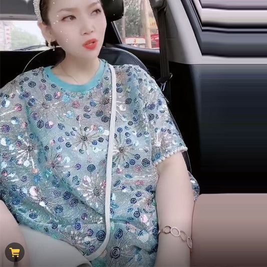 European Summer Loose Sequin Short Sleeve T-Shirt