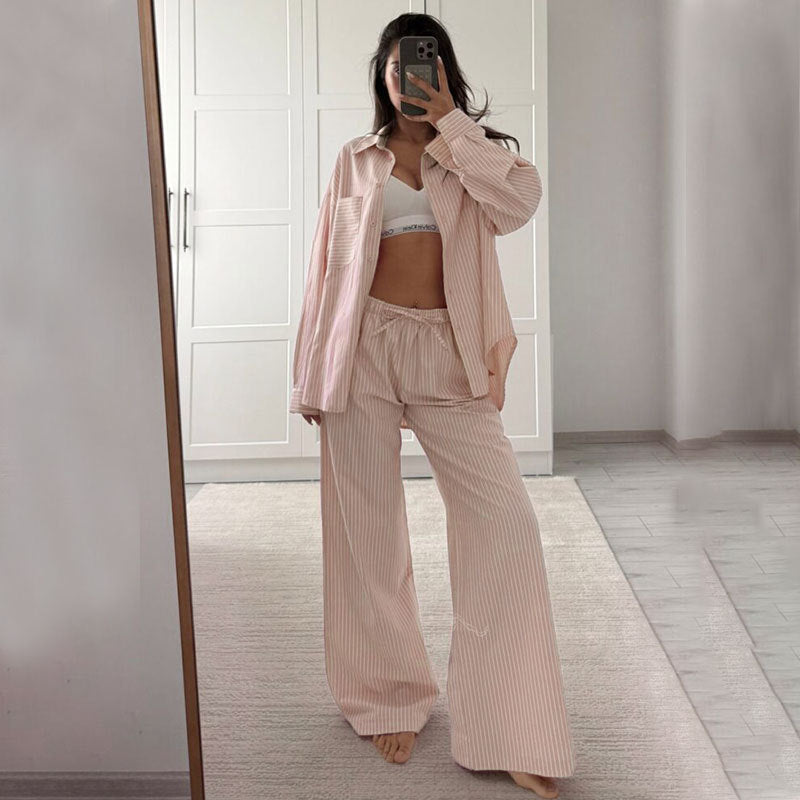 Fashionable Striped Casual Simple Womens Long-Sleeve Top And Pants Loose Set