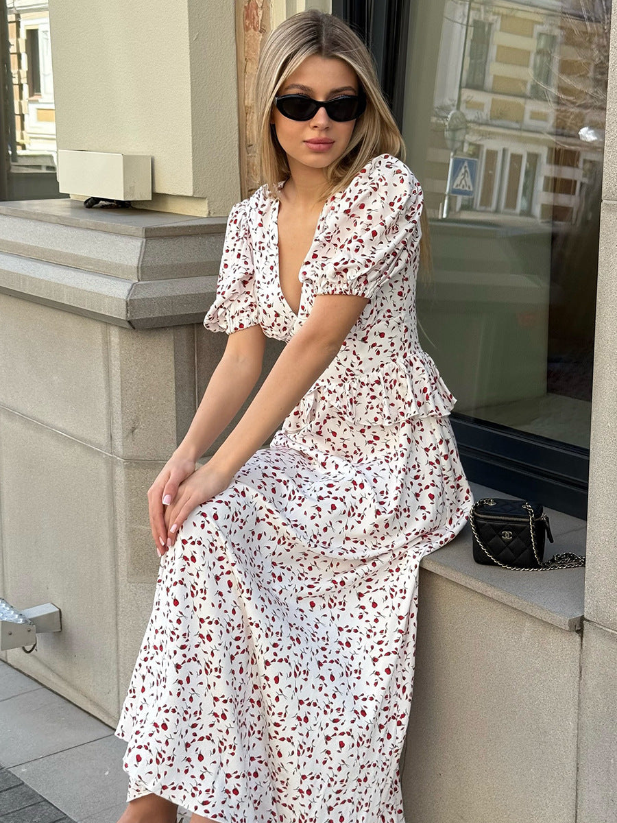 Printed Waist-cinching Puff Sleeve Dress