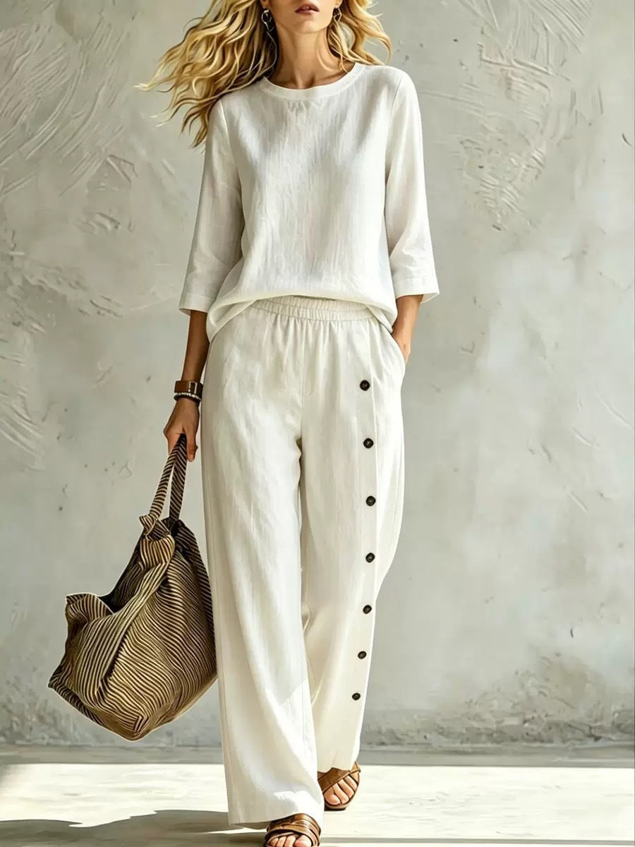 2026 European And American Women's Fashionable Solid Color Buckle Design Casual Loose Two-piece Set