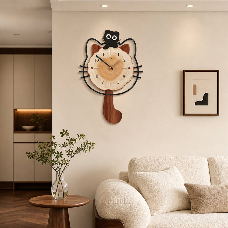 Modern Kitty Wall Clock Cartoon Wooden Hanging Decor For Bedroom