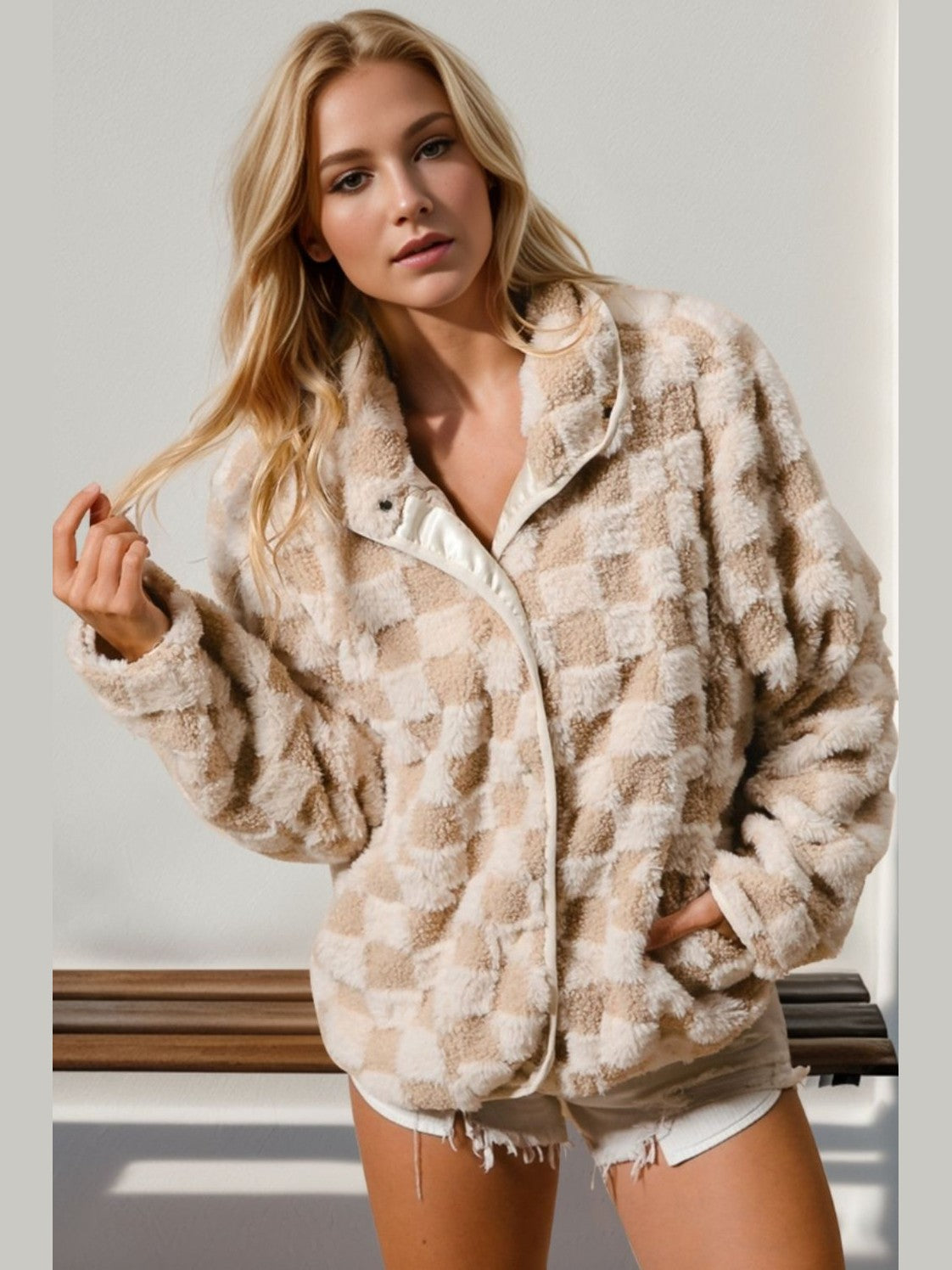 Women Double Take Checkered Long Sleeve Fuzzy Jacket