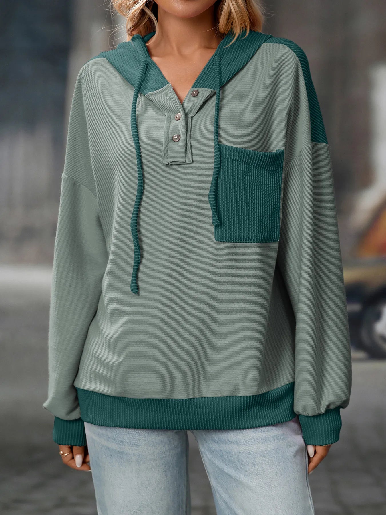 Drawstring Button Detail Long Sleeve Hoodie