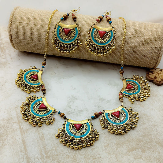 Women's Vintage Metal Indian Necklace And Earrings Suite