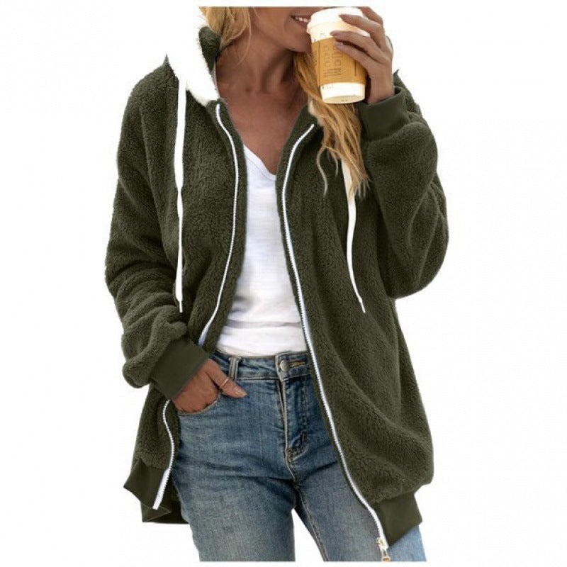 2026 Amazon Hot Selling New Autumn And Winter Loose Plush Zipper Hooded Jacket For Women, Fashionable And Versatile