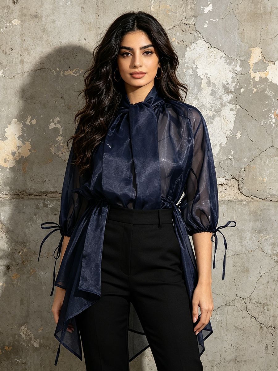 Navy Organza Bow Neck Drawstring Waist Sheer Long Sleeve Blouse