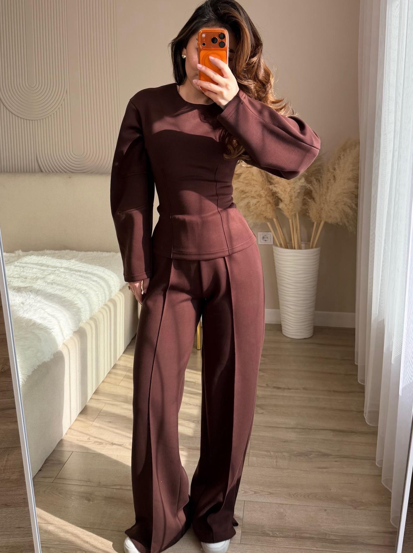 Fashionable Long-sleeved O-neck Pleated Top And Wide-leg Pants Set