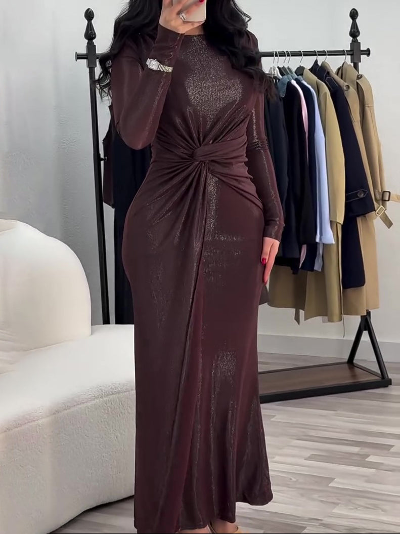 Metallic Maxi Dress With Twist Front Detail And Long Sleeves