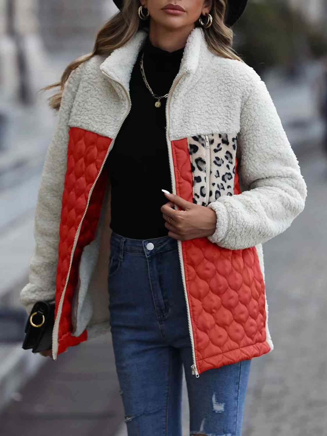 Women Leopard Color Block Zip-Up Jacket