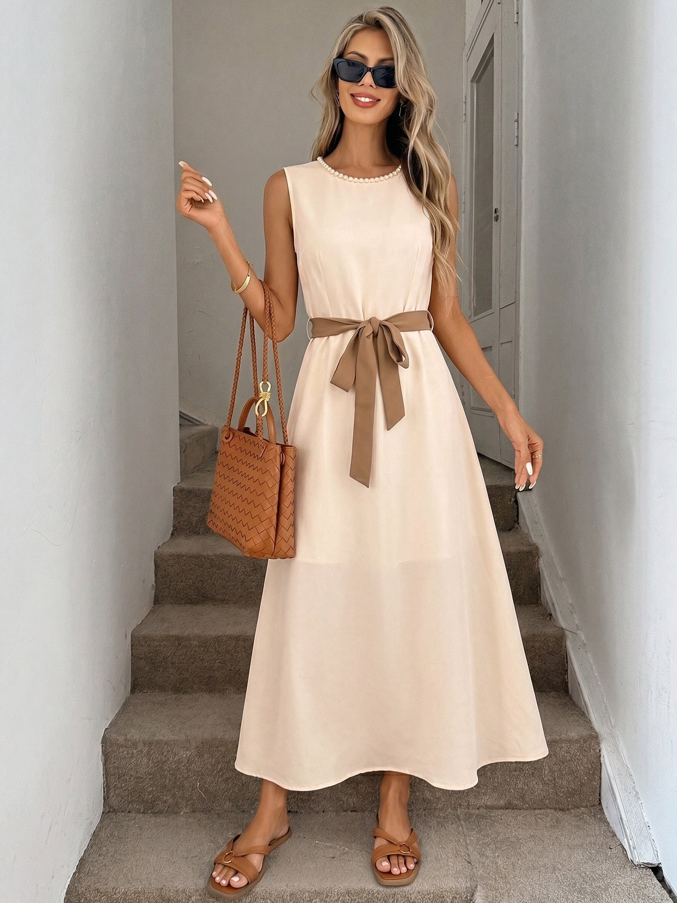 Pearl Neck Sleeveless Self-Tie Belt A-Line Midi Dress