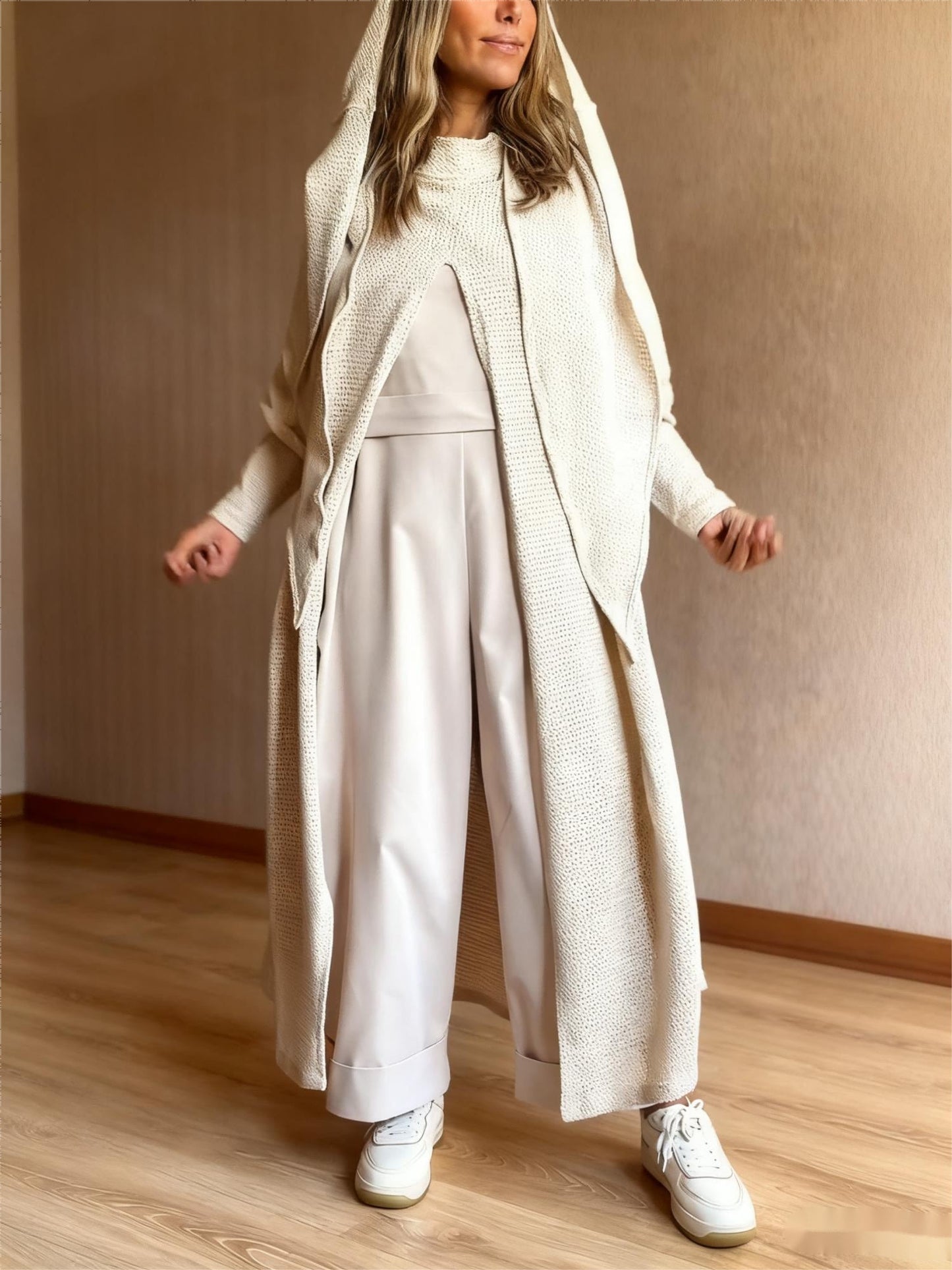 Beige Knit Hooded Duster Top
