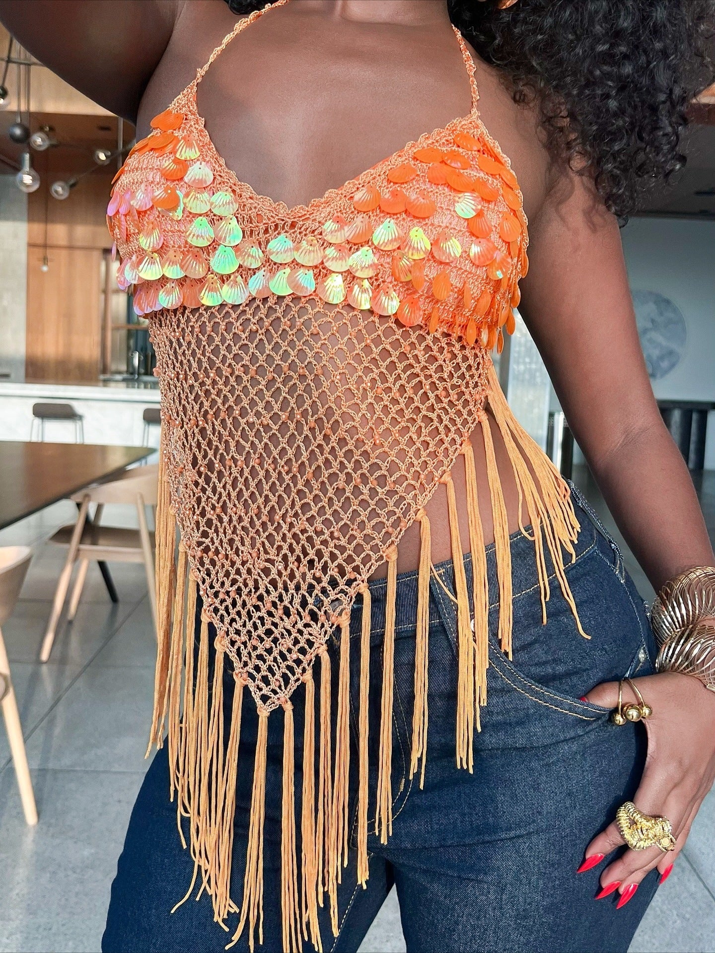 Beach Vacation Sequined Tassel Camisole Top