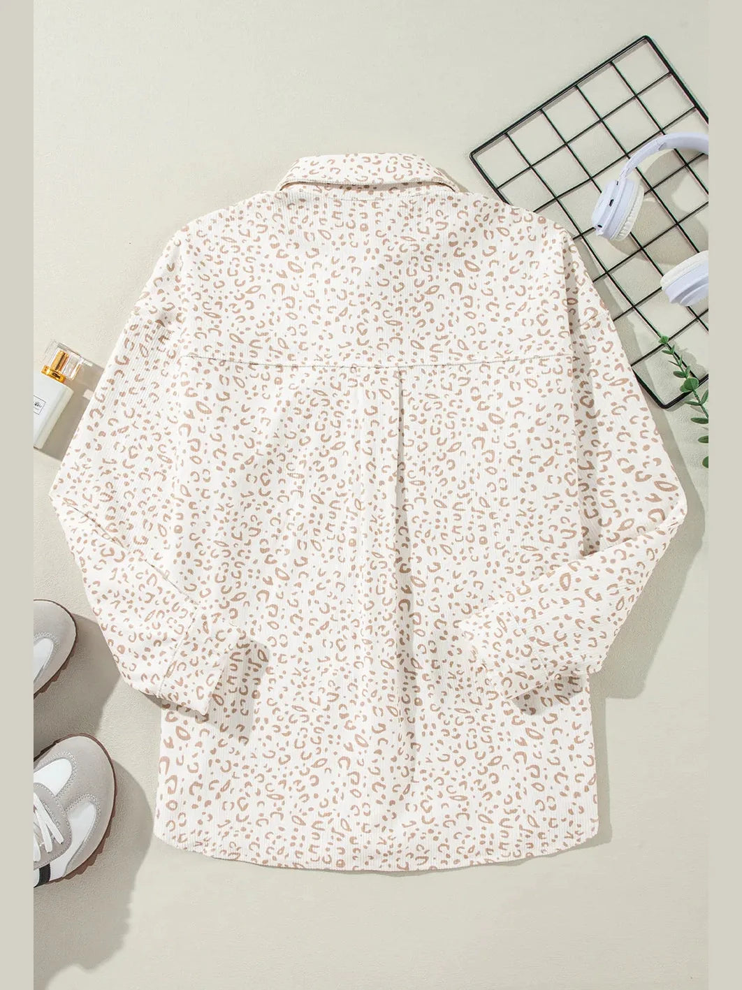 Leopard Collared Neck Dropped Shoulder Jacket