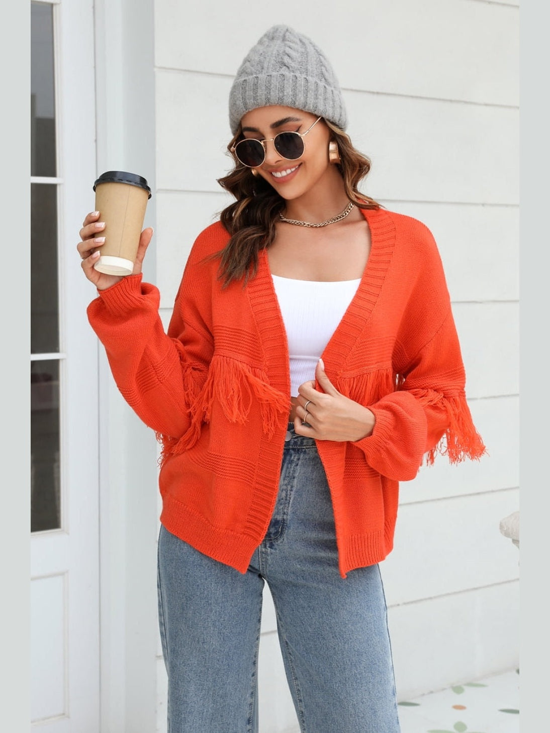 Women Double Take Fringe Trim Open Front Cardigan Sweater