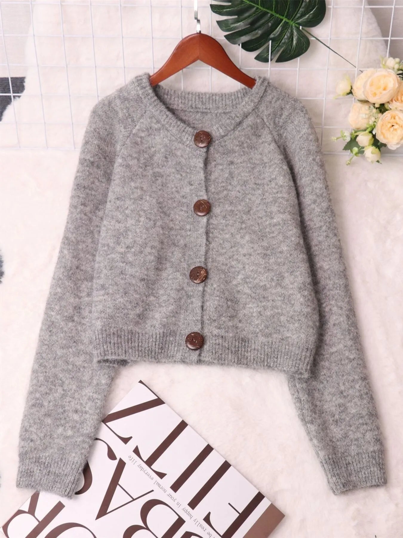 Women Button-Up Raglan Sleeve Cardigan Sweater