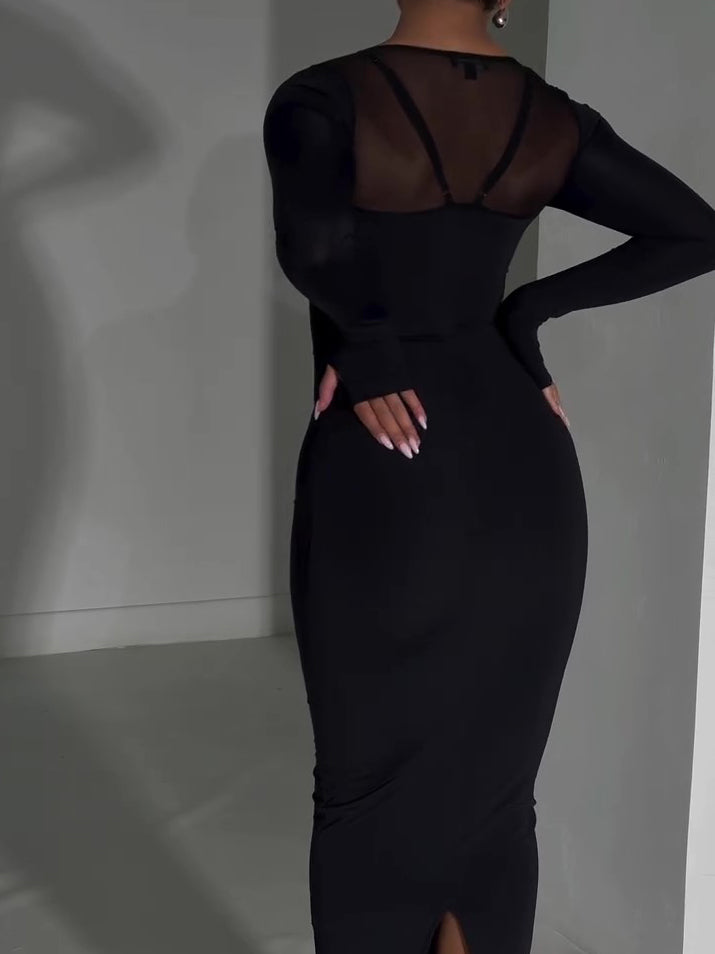 Black Bodycon Midi Dress With Rhinestone Chain Detail And Mesh Sleeves
