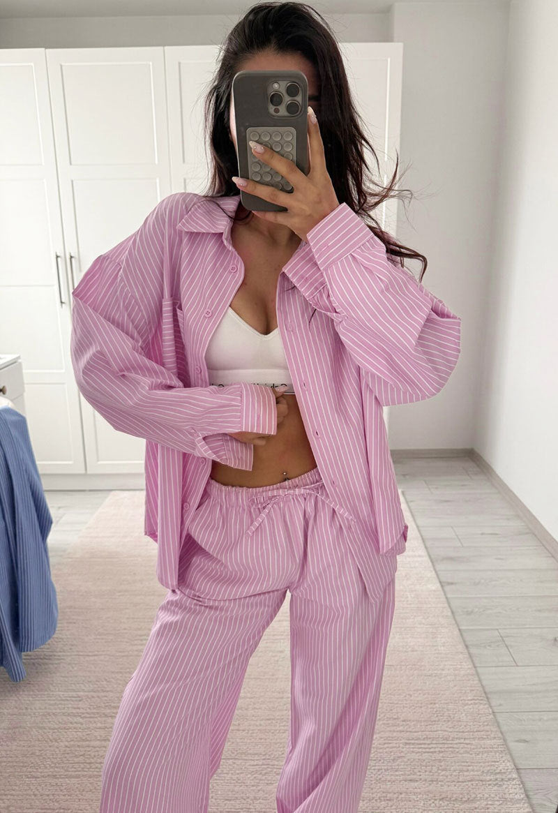 Fashionable Striped Casual Simple Womens Long-Sleeve Top And Pants Loose Set