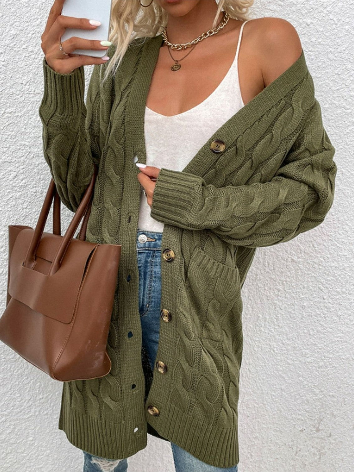 Women Cable-Knit Button Down Cardigan with Pockets