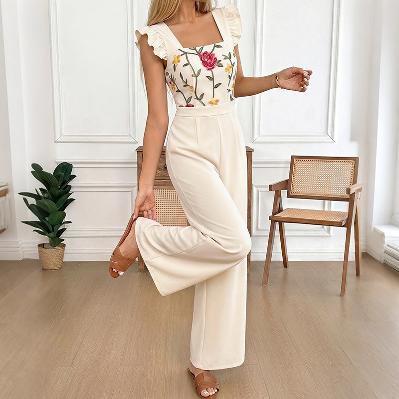 Floral Embroidered Ruffle Strap Wide Leg Jumpsuit