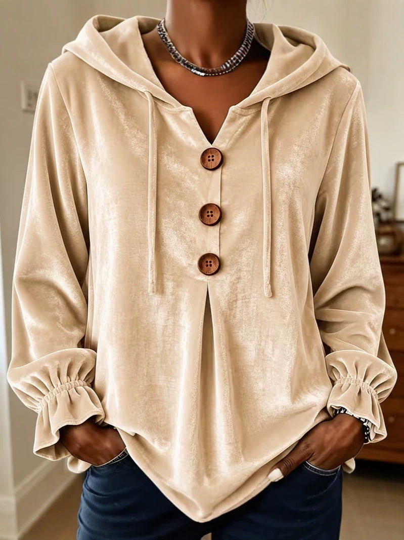 Annuo  2026 Women Casual Button Drawstring Hoodie, European American Style Long Sleeve Top