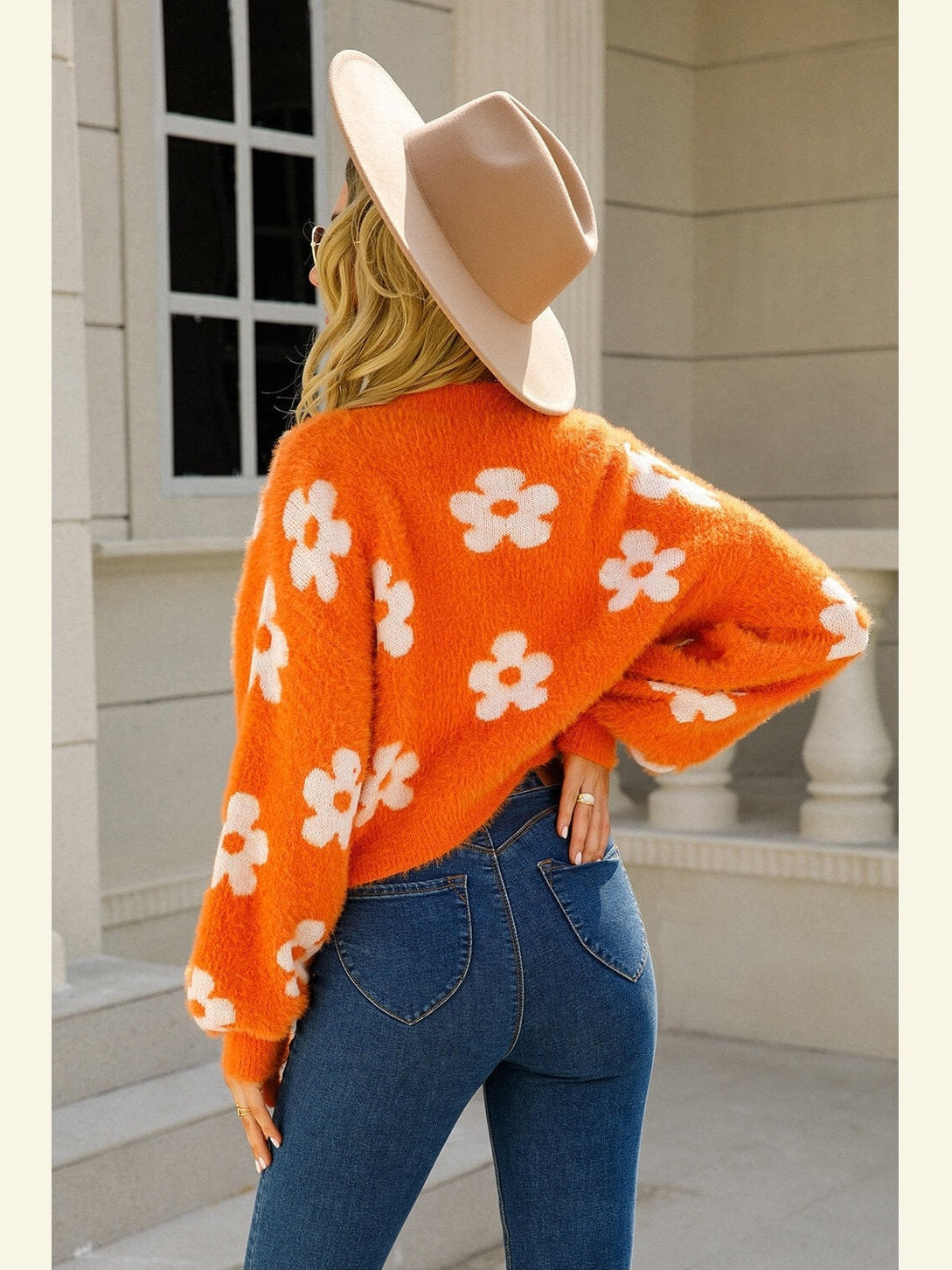 Women Floral Open Front Fuzzy Cardigan Sweater