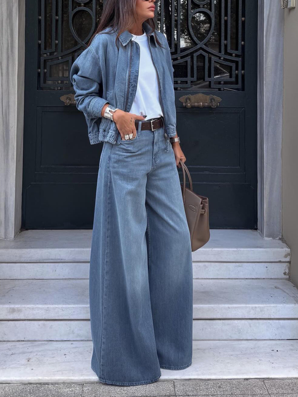 Light Blue Denim Cropped Jacket And Wide-leg Jeans Set