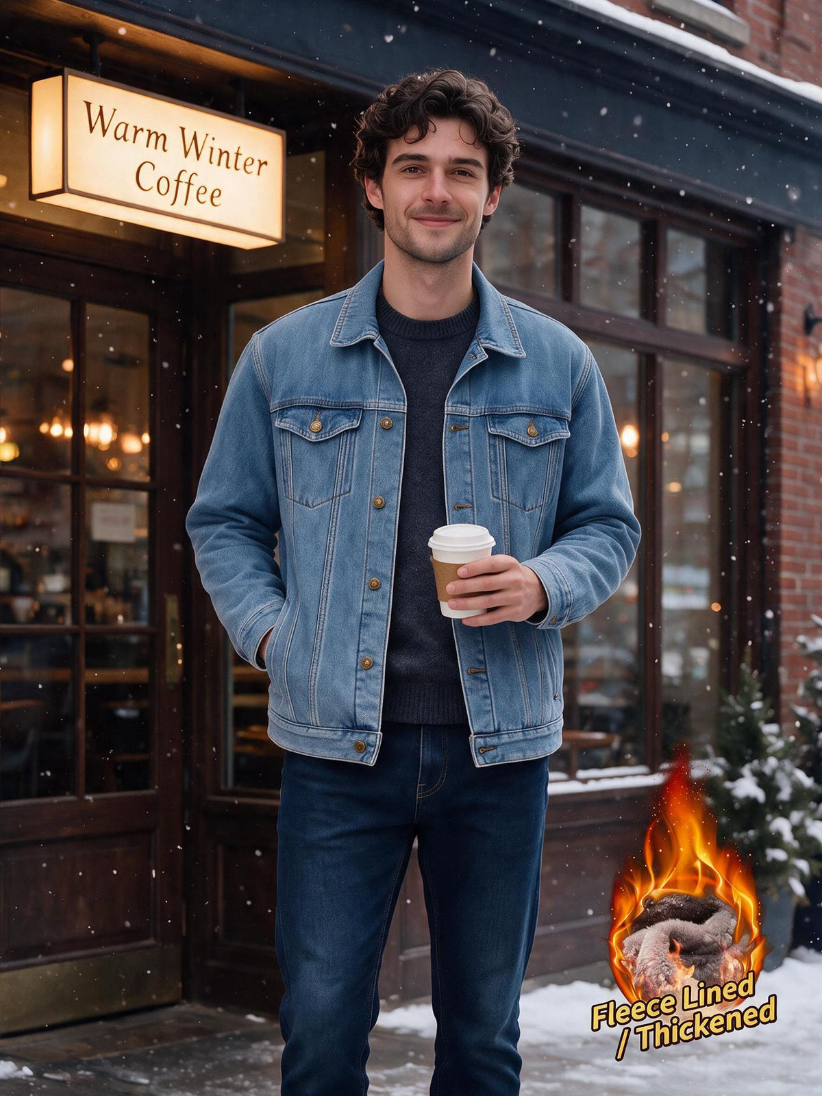 Cross-border, In-stock, Fleece-lined, And Thickened Denim Jacket For Men, Slim Fit, 2026 Autumn Winter Casual Jacket, Available On Amazon