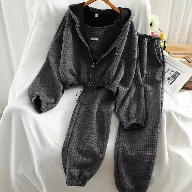 Hooded Cardigan Zipper Sports Three-piece Suit