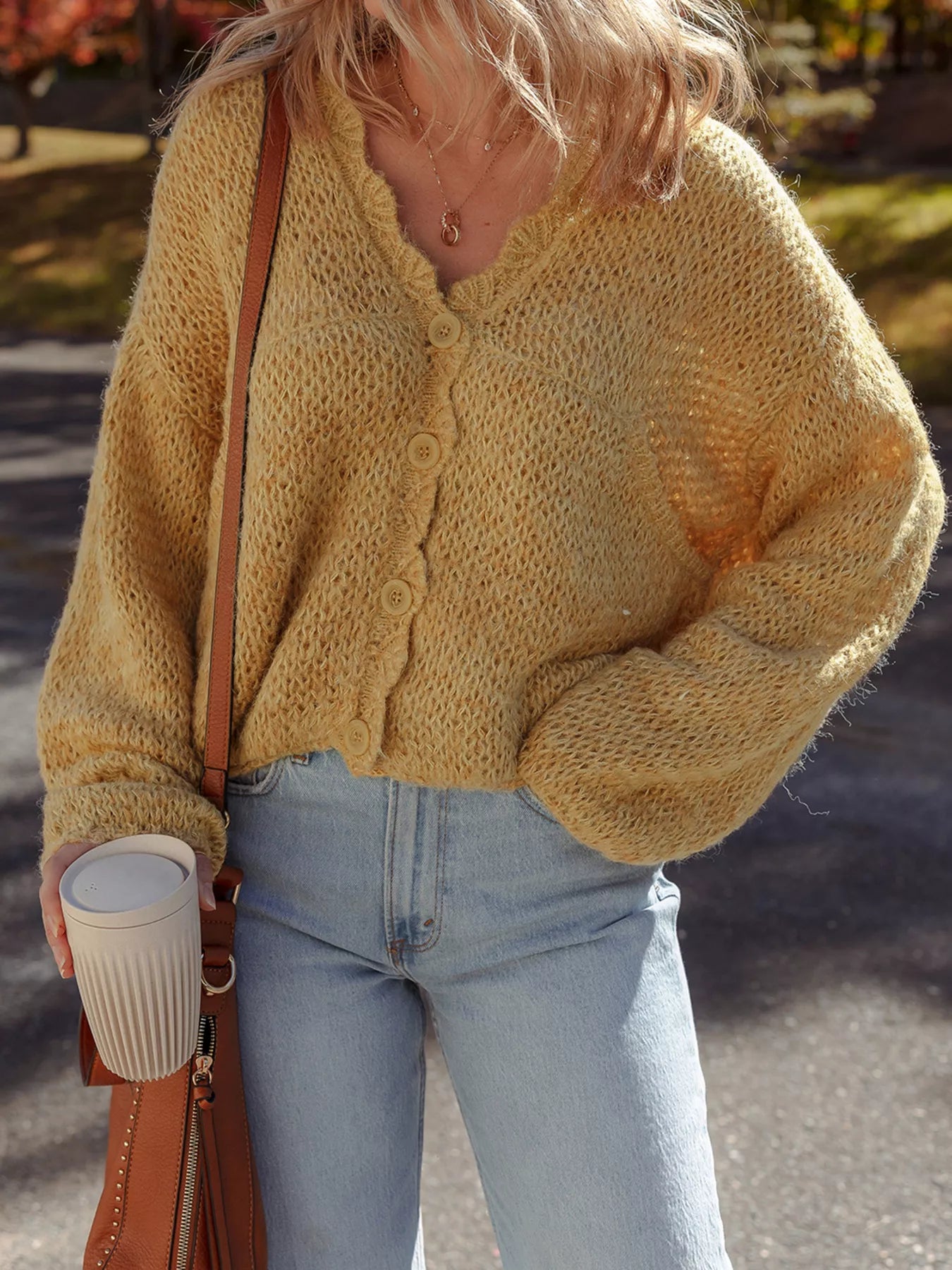 Women Lantern Sleeve Scallop V Neck Buttoned Front Cardigan Sweater