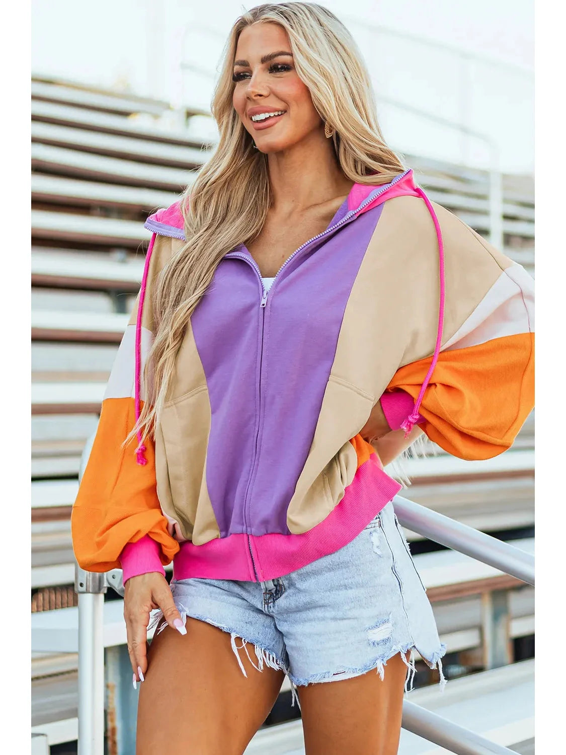 Women Drawstring Color Block Zip Up Long Sleeve Hoodie